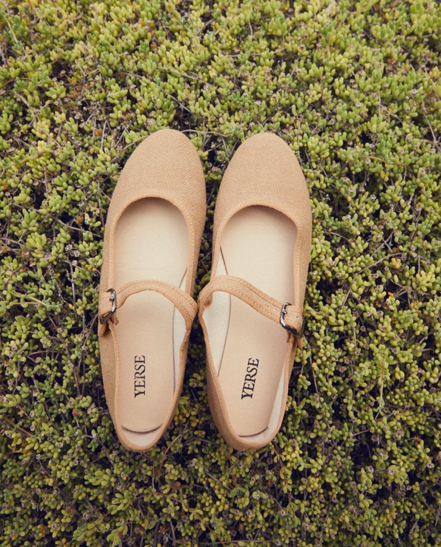 YERSE Linen Ballerinas Camel New